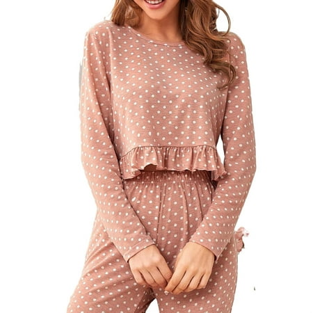 

Women s Pajama Sets Dusty Pink Cute Polka Dot Round Neck Pant Sets Long Sleeve