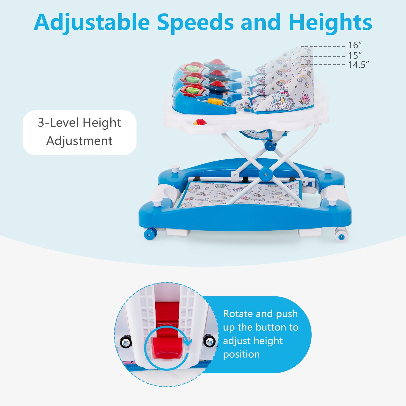 INFANS Baby Walker, 6 in 1 Behind Walker Learning Seated Rocker Bouncer with Removable Music Tray, Adjustable Height, Washable Seat Cushion, Foldable Activity Center for Toddlers