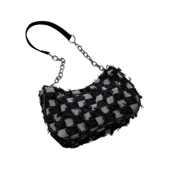 Denim Shoulder Bag for Women Retro Checkered Star Pattern Underarm Purse Vintage 90s Y2K Small Tote Handbag with Zipper Closure for Travel Outdoor Hiking