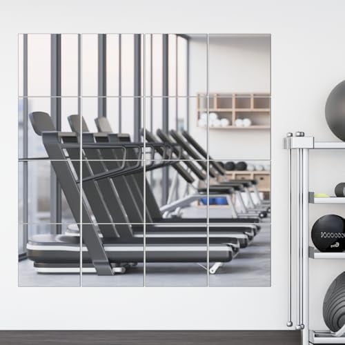 16 Packs Home Gym Mirrors 12'' x 12'' Wall Mounted Mirror Tiles, Square Large Wall Mirror Frameless Full Length Mirror for Home Gym, Bedroom, Door, Bathroom, Living Room