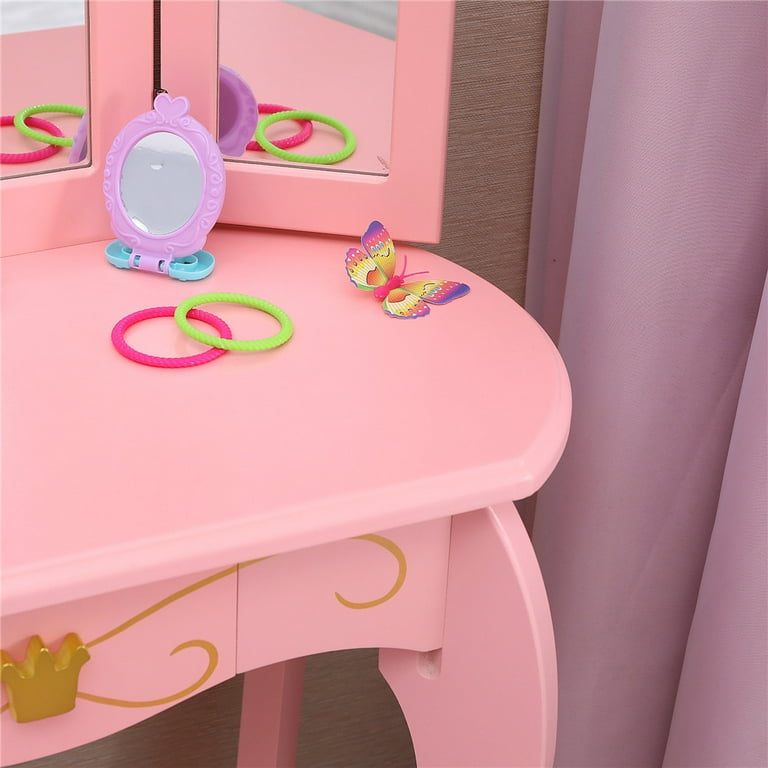 BRINJOY Kids Vanity Set with Mirror, Wooden Make Up Beauty 