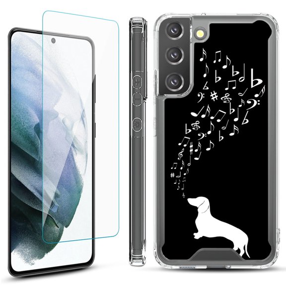 Shockproof Bumper Phone Case for Samsung Galaxy S22  / S22 Plus 5G, with Tempered Glass Screen Protector, by OneToughShield ® - Dachshund/Puppy Music