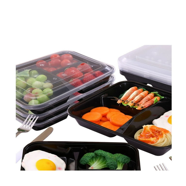 [90 Pack] 3 Compartment Black Disposable Container with Lids, Meal Prep Container, Food Storage Bento Box, Disposable, Stir Fry | Lunch Boxes | BPA