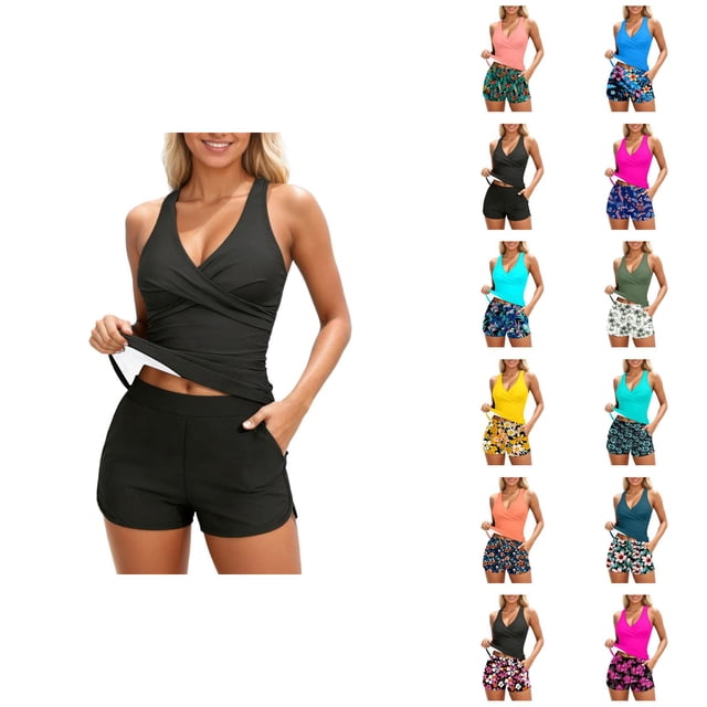 Womens Tankini Bathing Suits 2026 Casual Modest Deep V Neck Crossover Top with Swim Shorts Two Piece Bathing Suits for Women