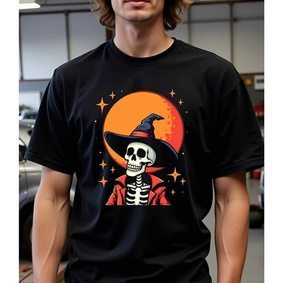 Halloween Skeleton Graphic Tee T Shirt Top Witch Hat Design Christian Casual Short Sleeve Regular Fit Black S-5XL
