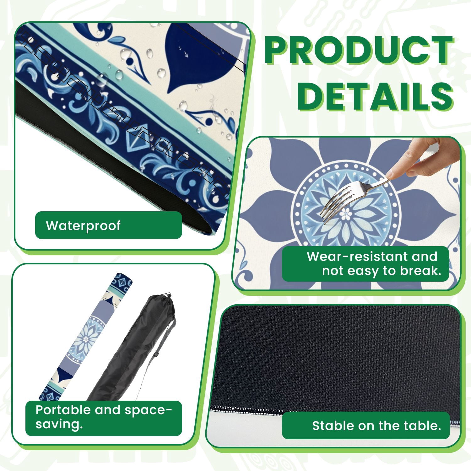 Mahjong Mat 31.5" x 31.5" Blue Floral Mandala Tile Ornamental Border Geometric Accents Non-Slip Noise Reduction American Mahjong Tiles Table Cover for Dominoes Poker Card Board Games Gift