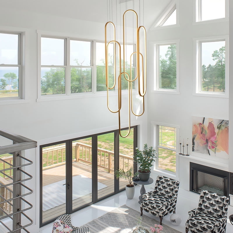 Modern 6-Ring Gold LED Chandelier, Large Dimmable Pendant Light with Remote, Adjustable Height Ceiling Fixture for High Ceilings, Dining Room, Foyer