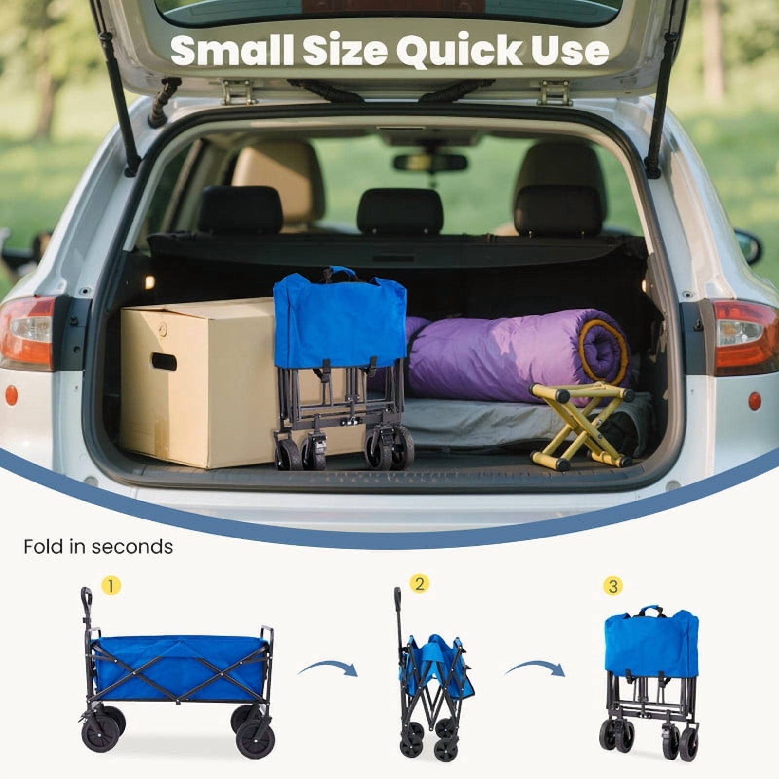 EDX Foldable Utility Cart, Small Capacity Shopping Wagon Cart with Drink Holders for Outdoors, Dimension 29.13"D X 18.5"W X 26.57"H, Blue-2