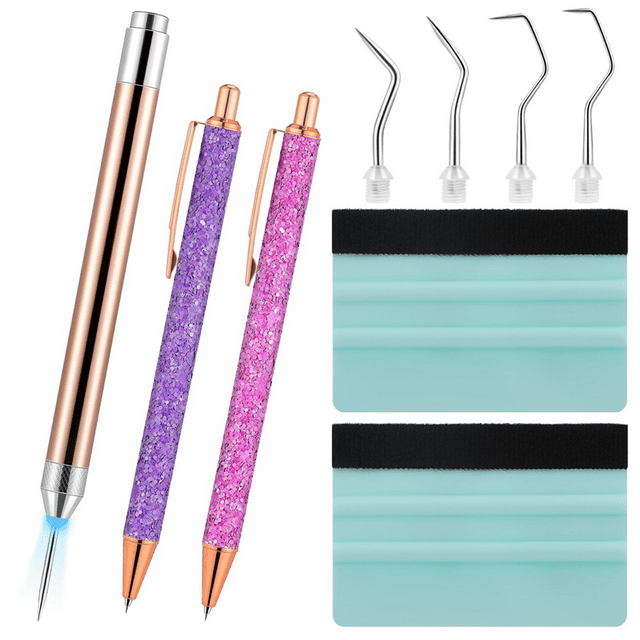 Kit d'Outils de Désherbage en Vinyle 10 Pcs, Outils de Désherbage à LED avec Lumière pour Vinyle, 5 Têtes de Stylo, 2 Stylos à Libération d'Air, 2 Raclettes en Vinyle