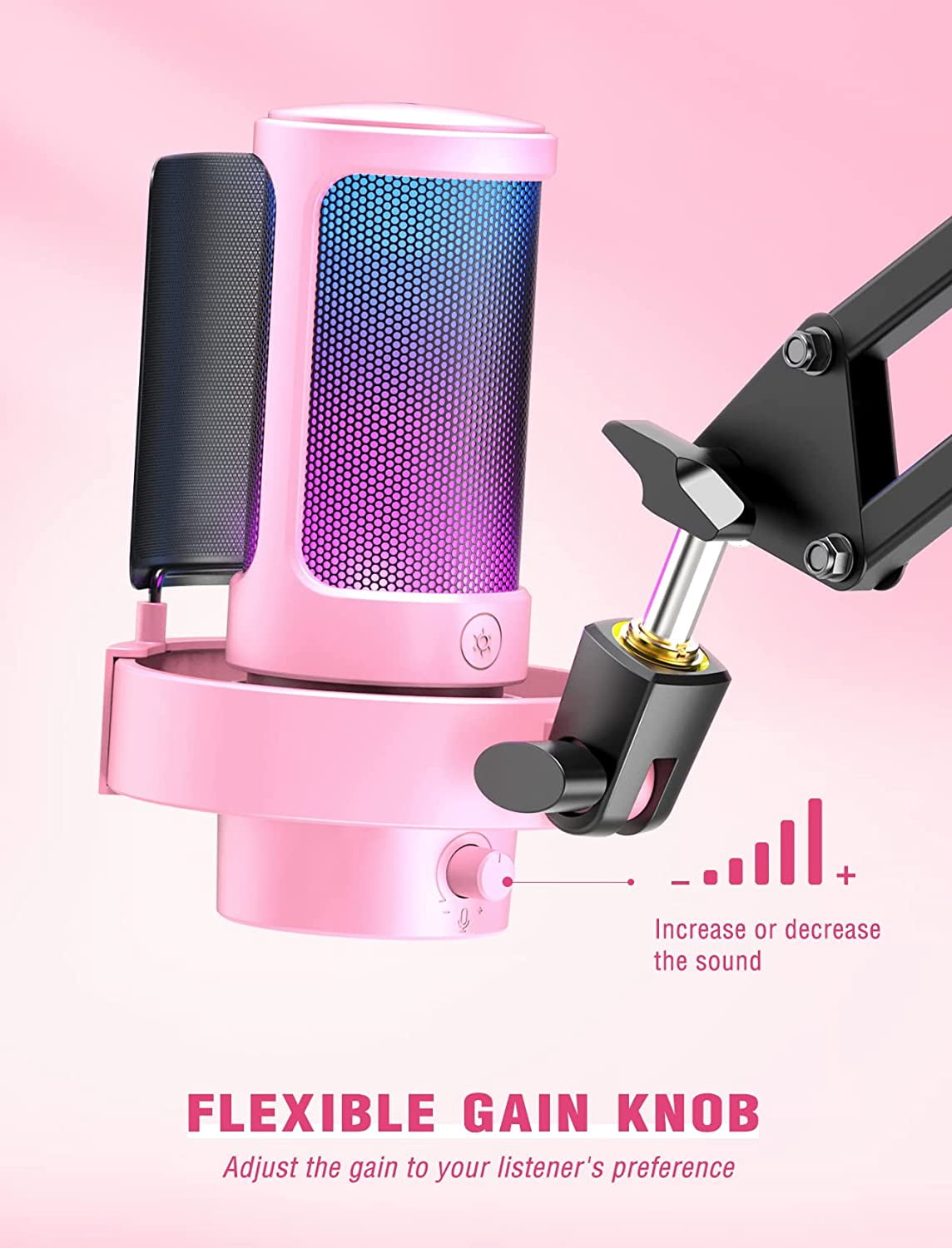 Pink USB Condenser Microphone with  Arm Stand, RGB Gaming Mic for PC Streaming Recording