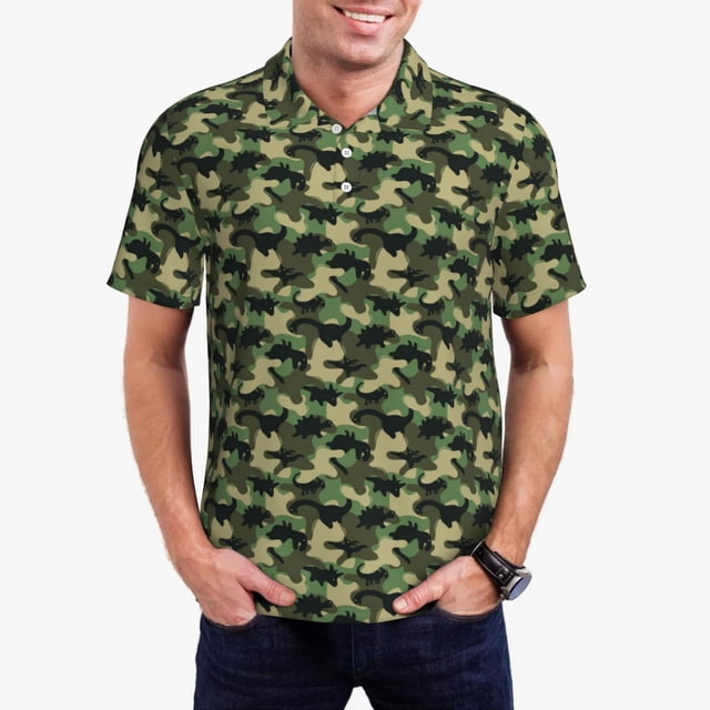 Balery Camouflage Dinosaur Camisa Polo de Hombre con Estampado, de Manga Corta y Tejido Medio, Camisa Tipo Golf Polo-X-Large