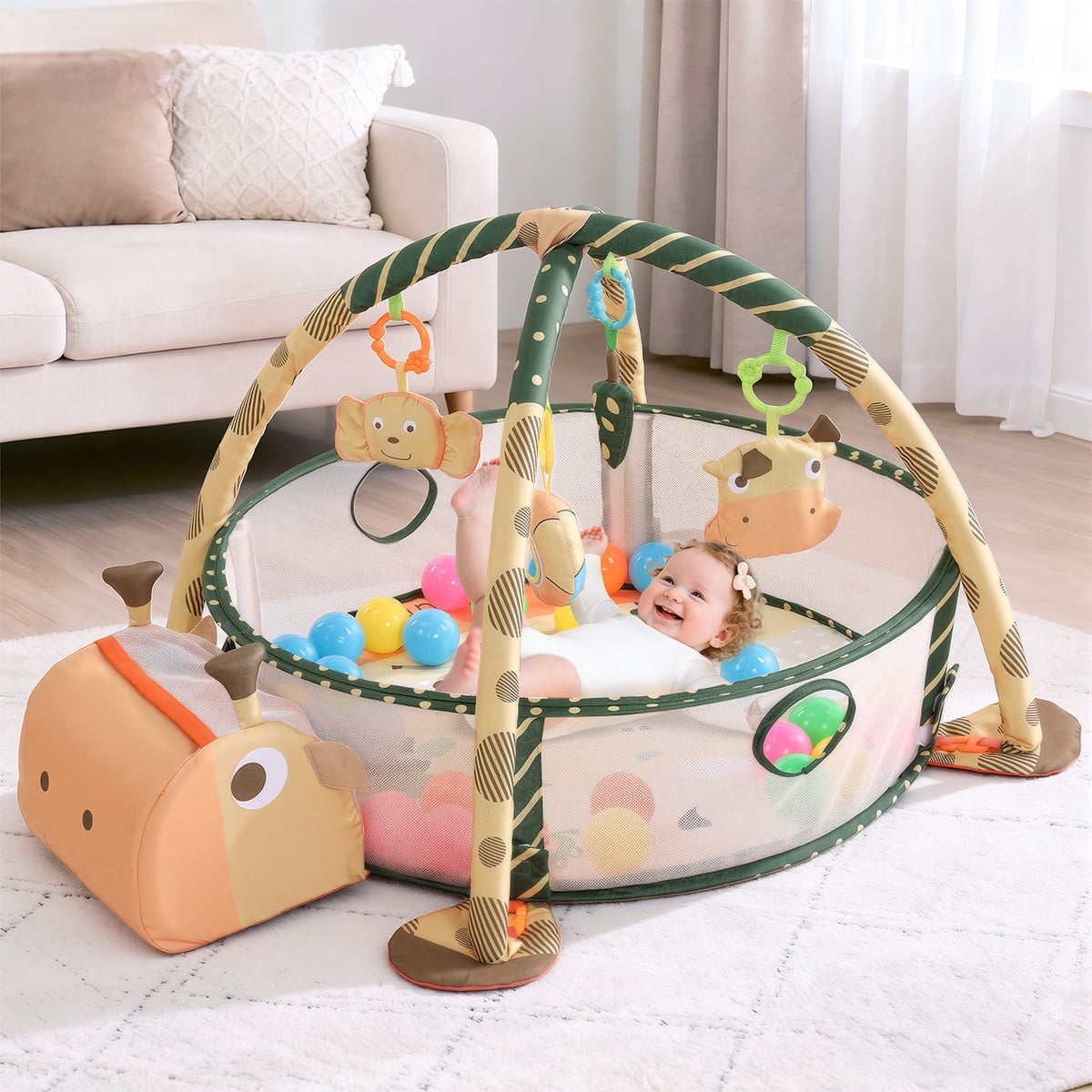 Baby Play Mat, Caveen 3 in 1 Baby Play Gym Activity Mat, with Hanging Toys and Ocean Balls, for Infants Toddlers, Orange Giraffe