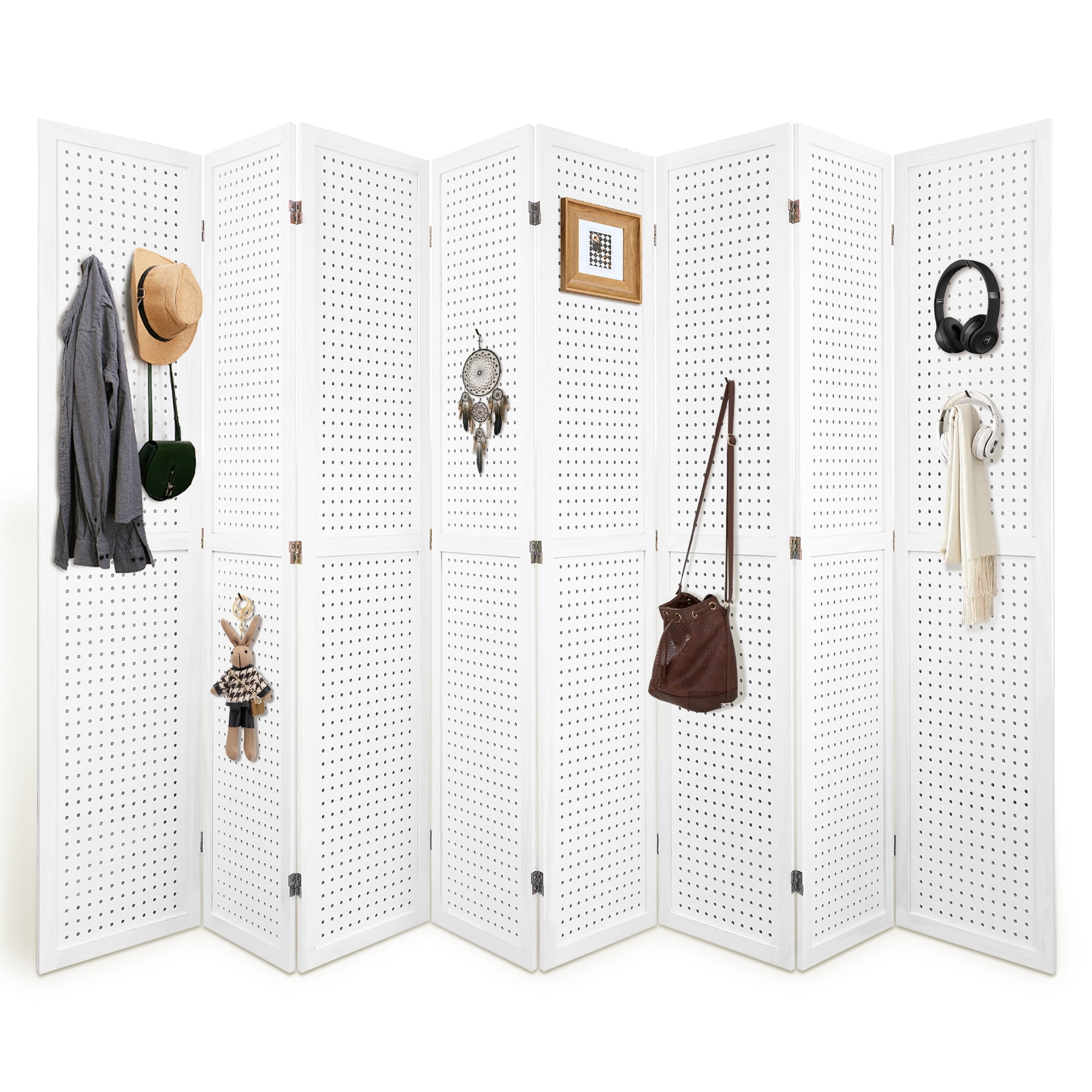 MAYEERTY 8 Panel Wood Pegboard Room Divider, Folding Privacy Screen with Hanging Storage for Bedroom & Office, 67" White