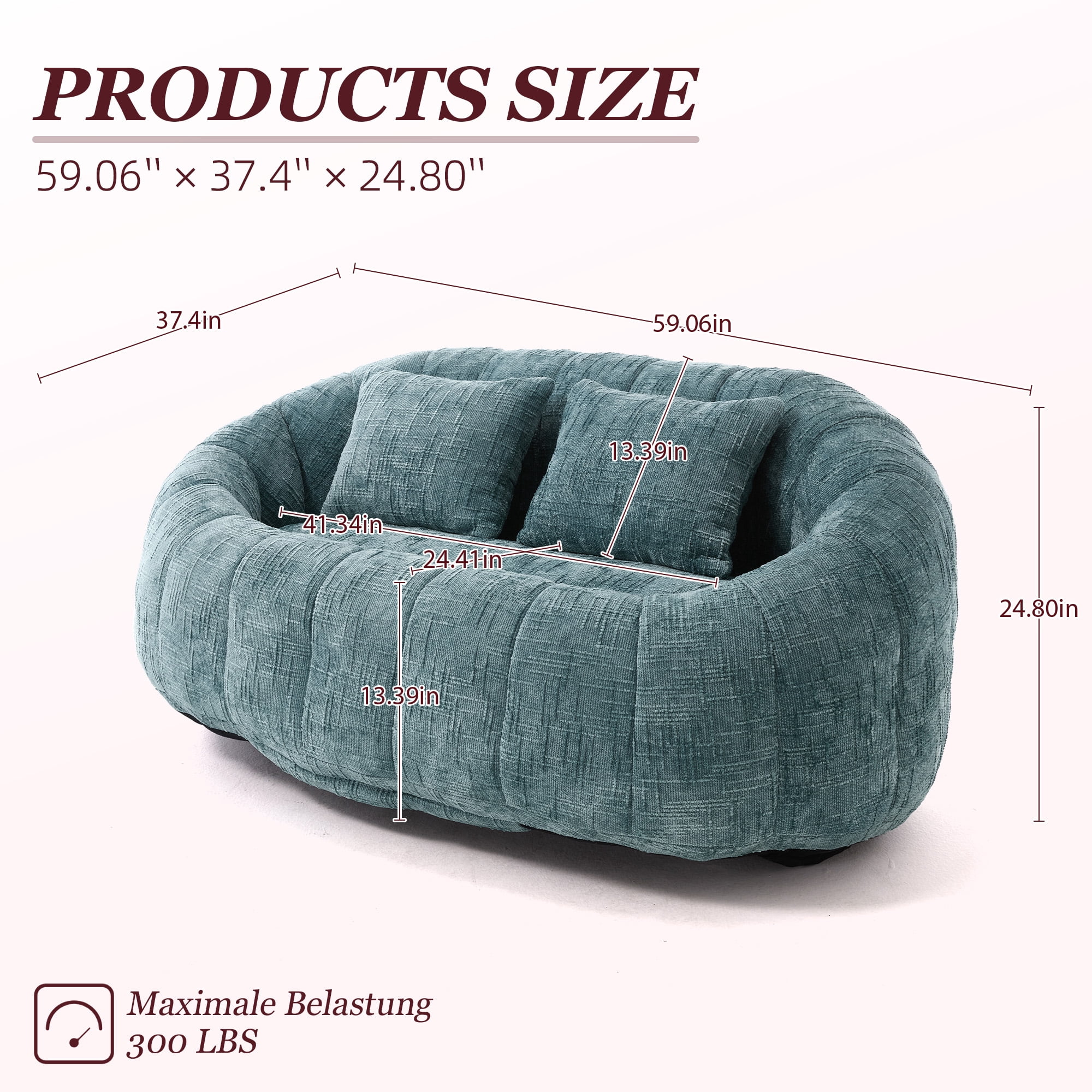 MOONMISS Large 59'' Bean Bag Chair for Adults,Chenille Shell-Shaped Couch with Two Pillows,Oversized Single Sofa,Teal Blue