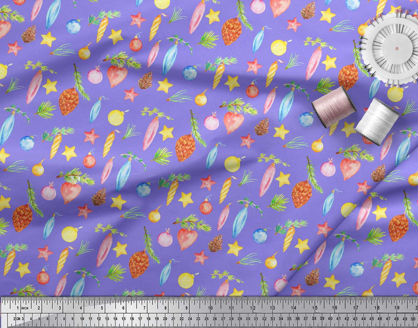 Soimoi Purple Poly Georgette Fabric Star & Baubles Christmas Printed Fabric 1 Yard 42 Inch Wide