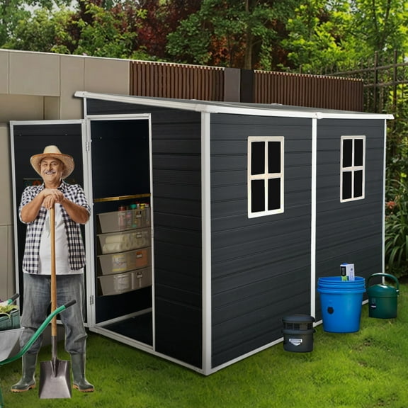 8x4FT Outdoor Resin Garden Shed with Floor and 2 Windows, Plastic Patio Outdoor Storage Shed with Lockable Door, Waterproof Tool Shed for Garden, Backyard, Black