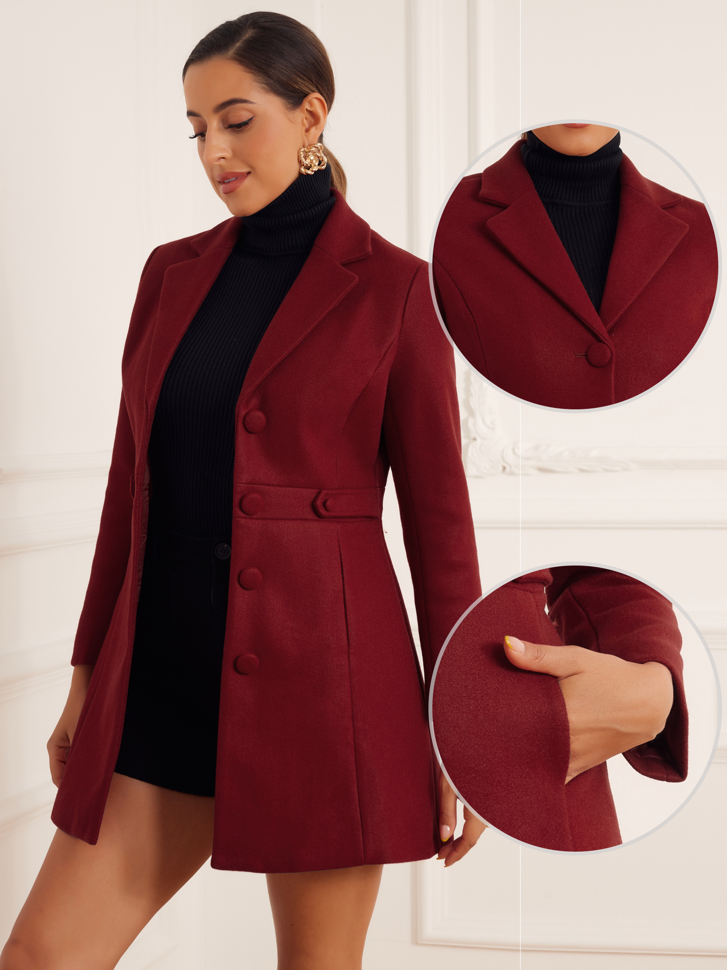 DARING DIVA Women's Single Breasted Button Down Outerwear Pea Coats Deep Red L