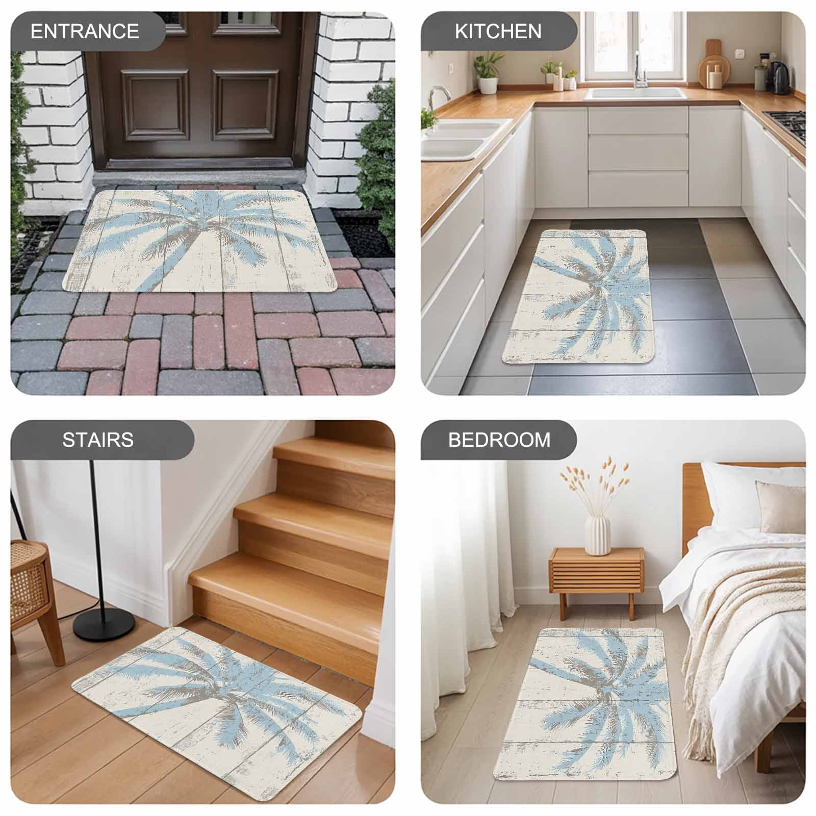 Blue Palm Tree Doormat Outdoor Entrance 16"x24", Tropical Beach Antique Wood Grain Summer Absorb Moisture Dirt Door Mats, Non-Slip Rubber Backing Floor Mats Indoor, Low-Profile Front Door Rugs