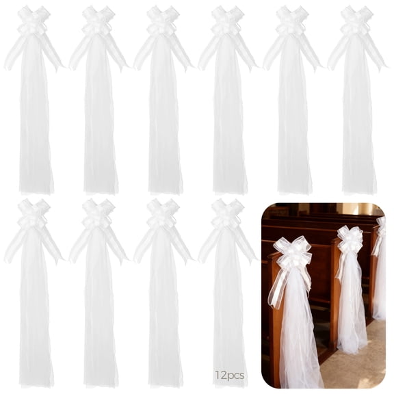 12PCS White Wedding Pew Bows with Long Tulle Tails, Big Pull String Chair Bows, Long-lasting Polyester Wedding Decorative Bows for Wedding Aisle Decorations