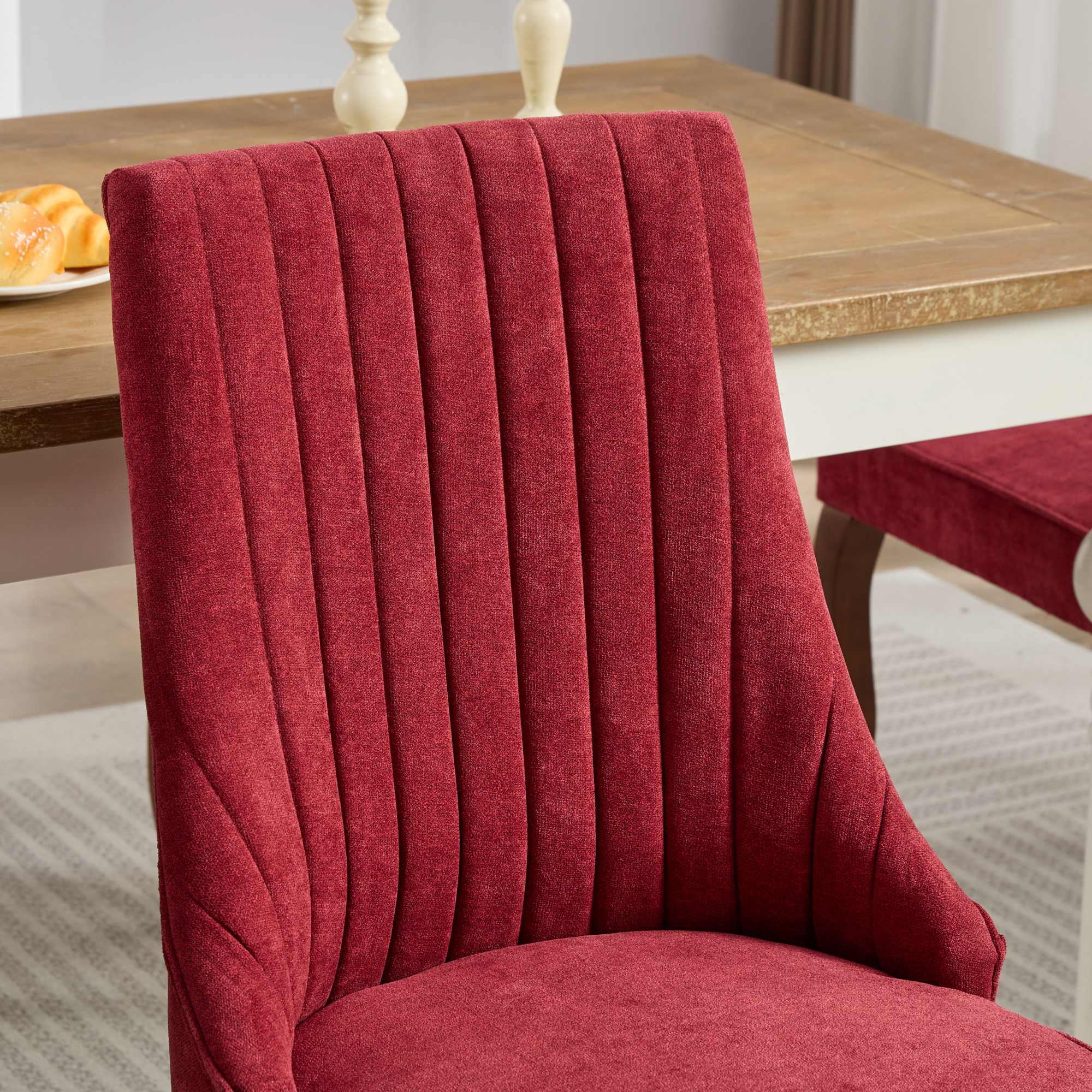 Aukfa Modern Linen Dining Chairs Set of 2, Upholstered Kitchen Side Chair Accent Chair w/ Curved Solid Wood Legs,Wine Red