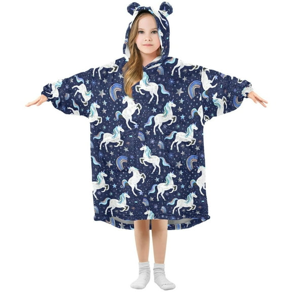 Wearable Blanket Hoodie for Kids Repeating White Unicorns Rainbows Flannel Hooded Blanket with Pockets and Sleeves Suitable for Boys and Girls