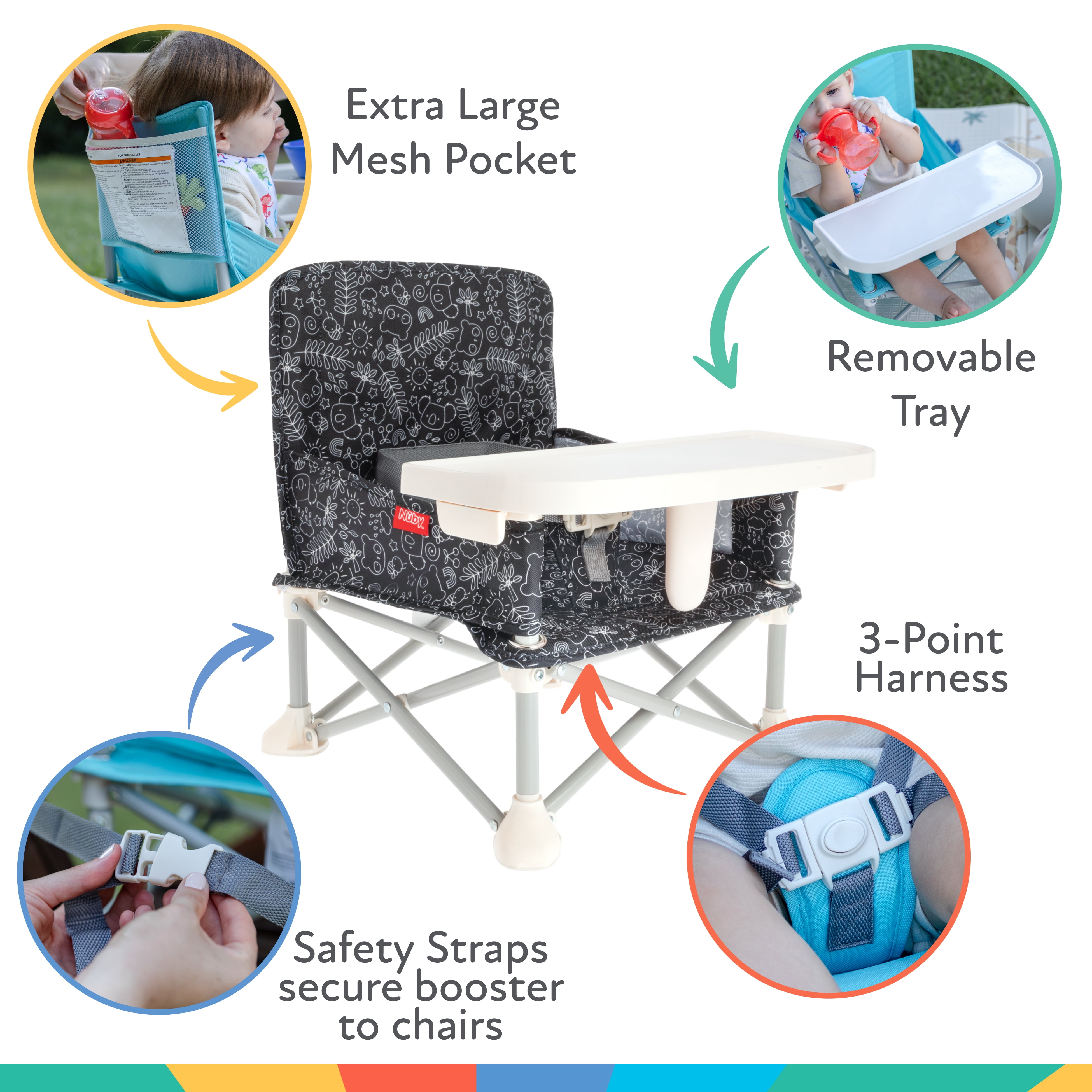 Nuby Pop-Up Portable Booster Seat with Removable Tray, Black and White