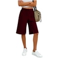 thumbnail image 6 of Women's Casual Linen Bermuda Shorts, Solid Color Knee Length Split Hem Summer Capris, Elastic Waist Breathable Shorts For Daily Office Beach Vacation Wear Wine XL, 6 of 7