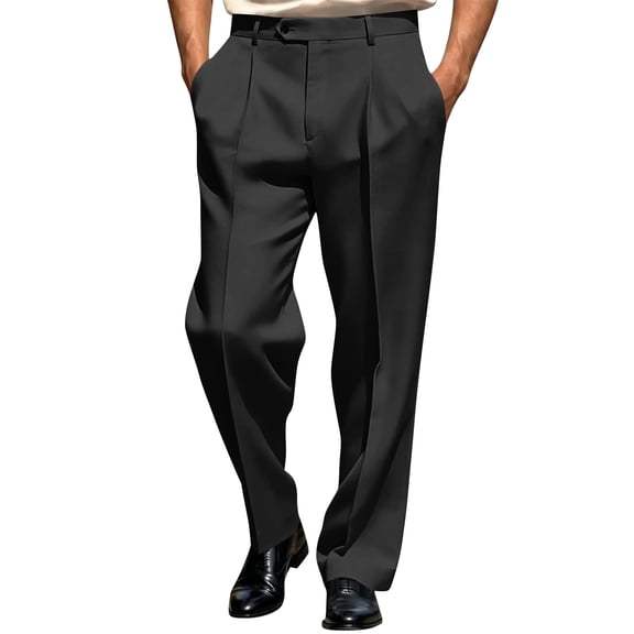 Dwellite Mens Dress Pants Pleated Straight Leg Dress Pants Elastic Waist Business Casual Slacks Black L