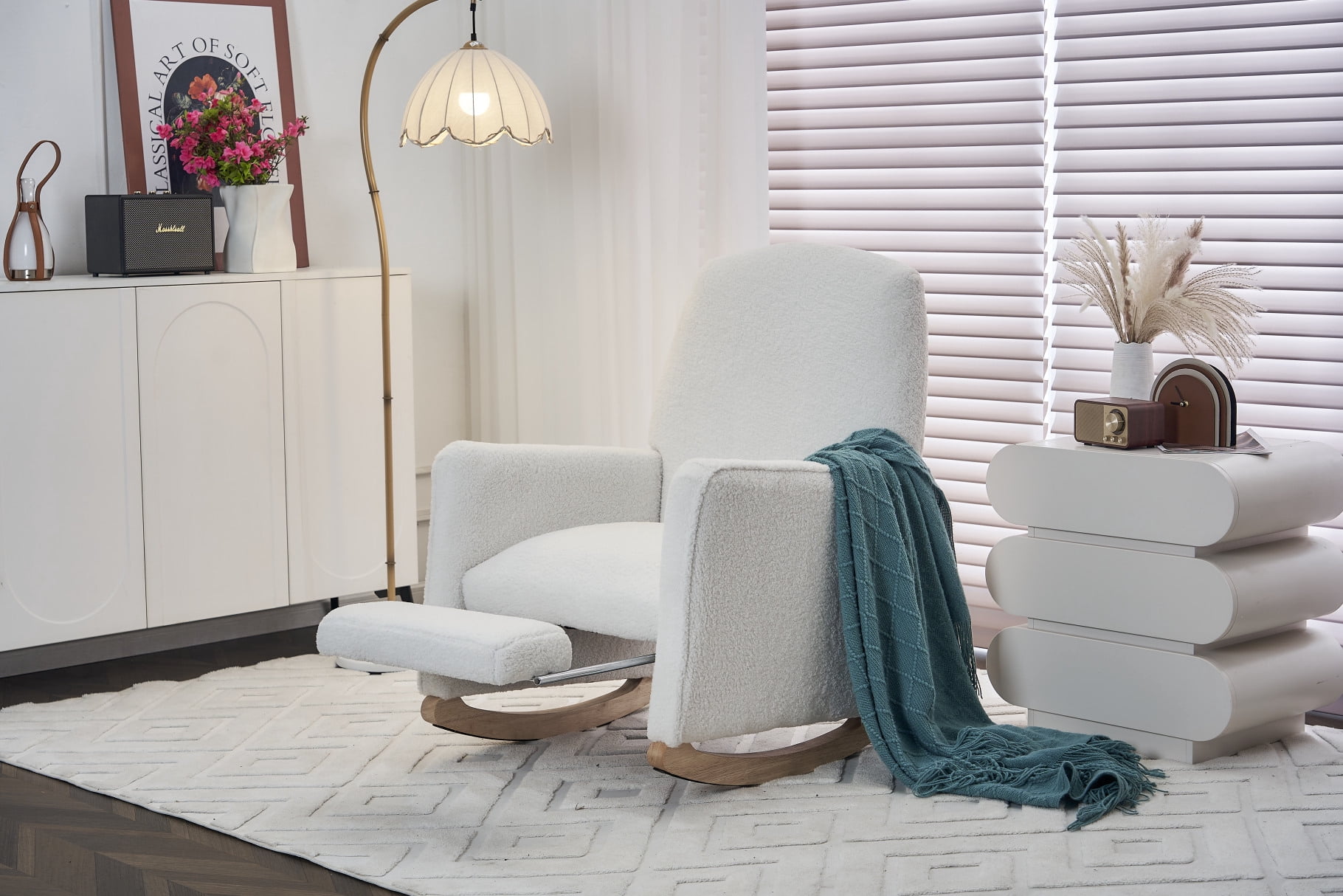Rocking Chair Nursery Glider Chair with Adjustable FootRest, Nursery Rocking Chairs with Wood Legs Side Pocket, Teddy High Back Nursing Chair, for Living Room, Bedroom, Cozy Reading, Ivory