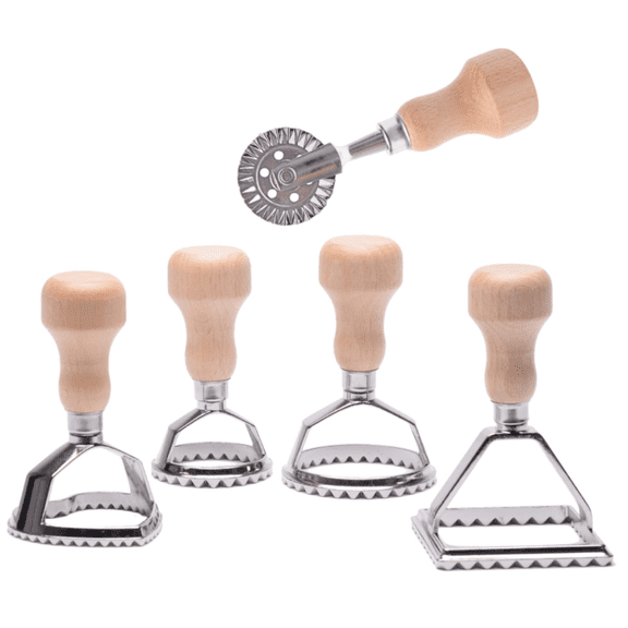 5Pcs Ravioli Stamp Maker Cutter with Roller Wheel Set, Ravioli Pasta Cutter with Wooden Handle, Pasta Press Wheel Pasta Tools For Pasta Making
