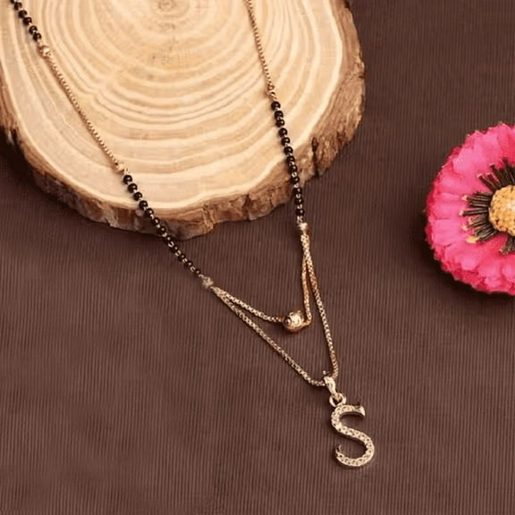 Gold Plated Alphabet Mangalsutra for Women – Letter "S" Pendant with Black Beads Chain