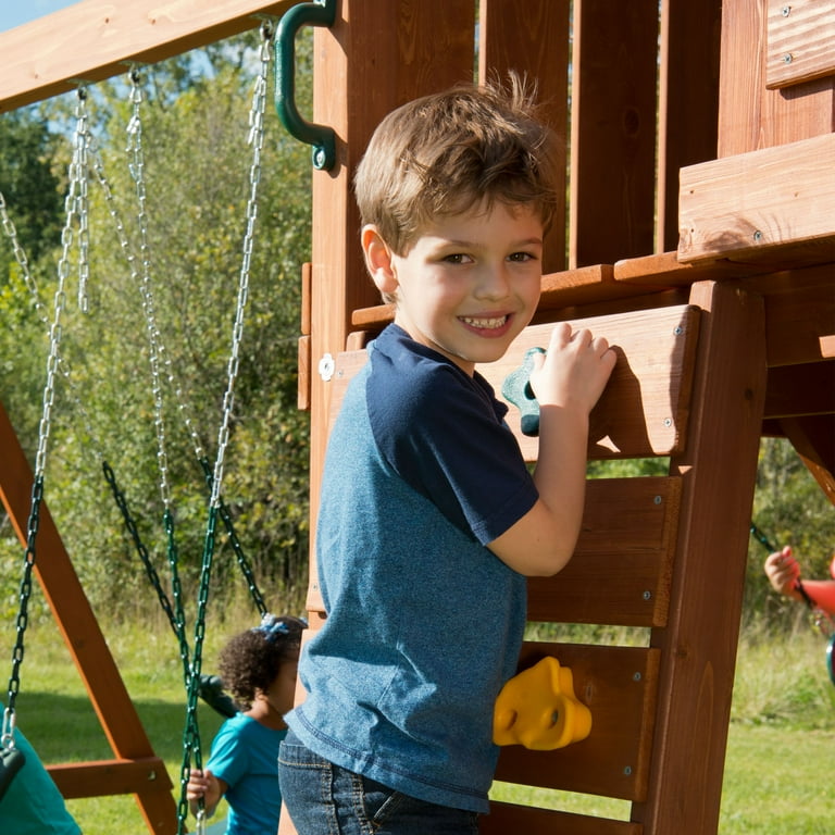 Swing N Slide Winchester Wooden Backyard Swing Set with Slide Wood Roof Climbing Wall Swings and Glider