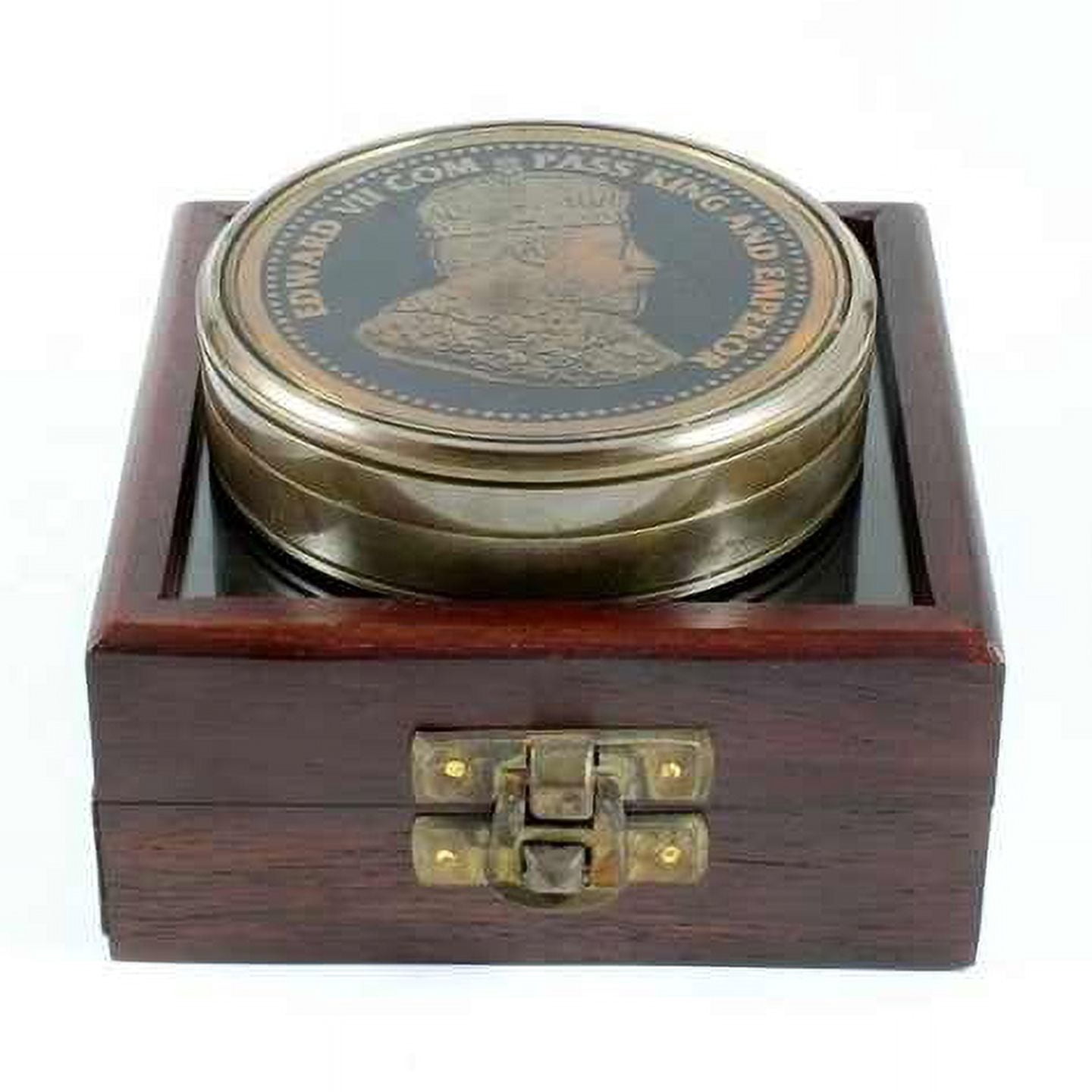 Antique Edward VII Brass Compass with Wooden Glass Window Box Metal Antique Finish Glass Compass