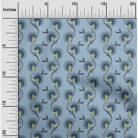 oneOone Cotton Cambric Grayish Blue Fabric Leaves & Flower Floral Craft Projects Decor Fabric Printed By The Yard 42 Inch Wide
