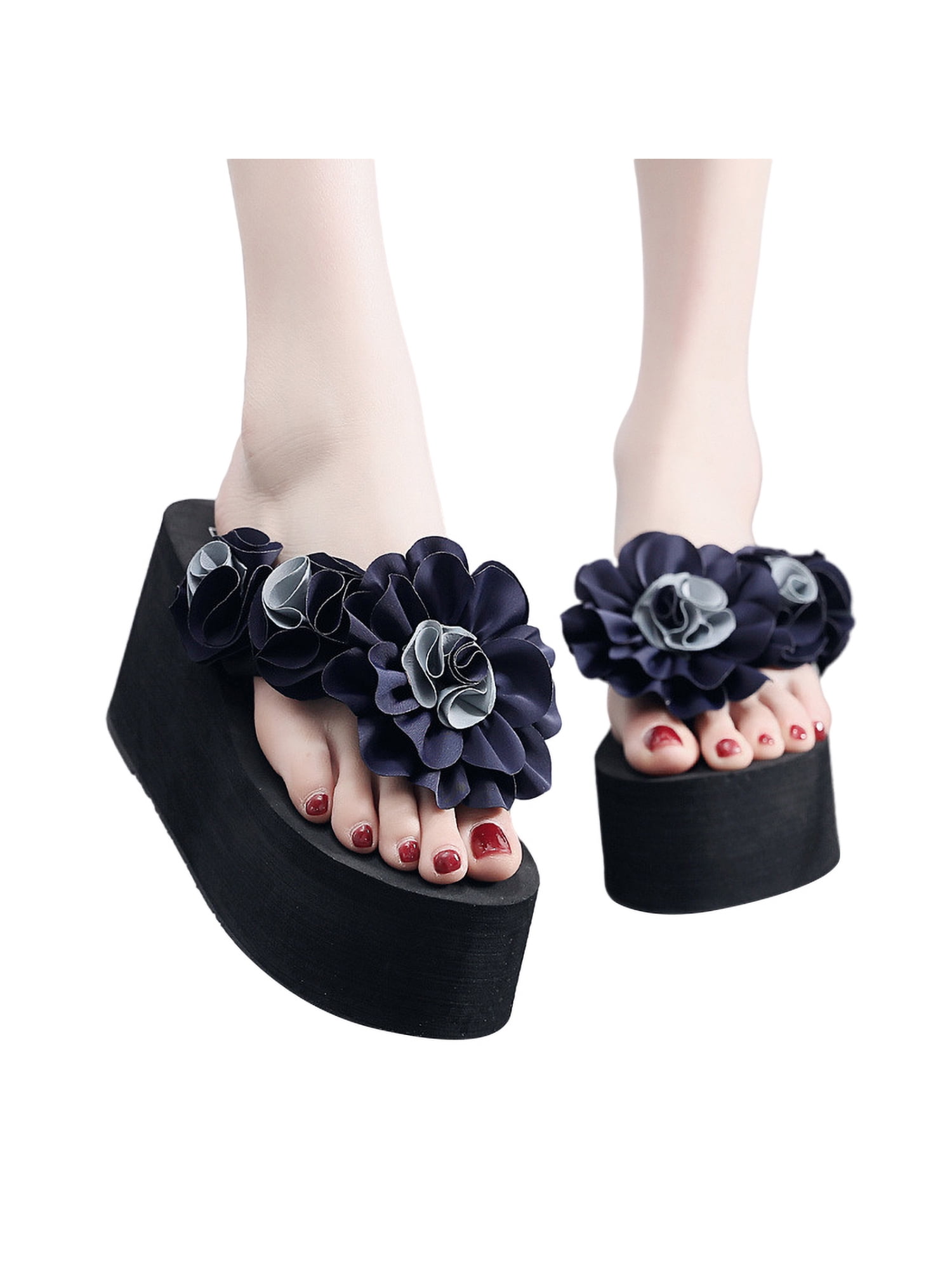 Womens Beach Flip Flop Sandals Casual Slipper Flower Platform 8cm Wedge Heels