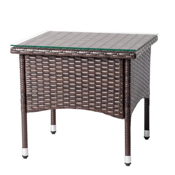 20" Patio Side Table, Outdoor Patio Wicker Square End Table, All-Weather Rattan Coffee Table w/Glass Tabletop for Backyard Deck Porch Poolside, Brown