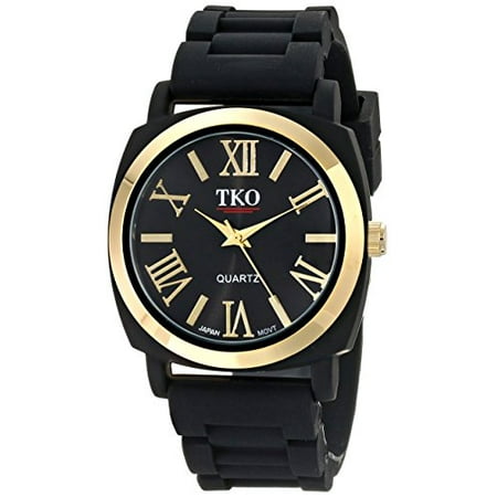 TKO Women's Round Metal Gold Bezel Black Soft Rubber Band Roman Numeral Watch