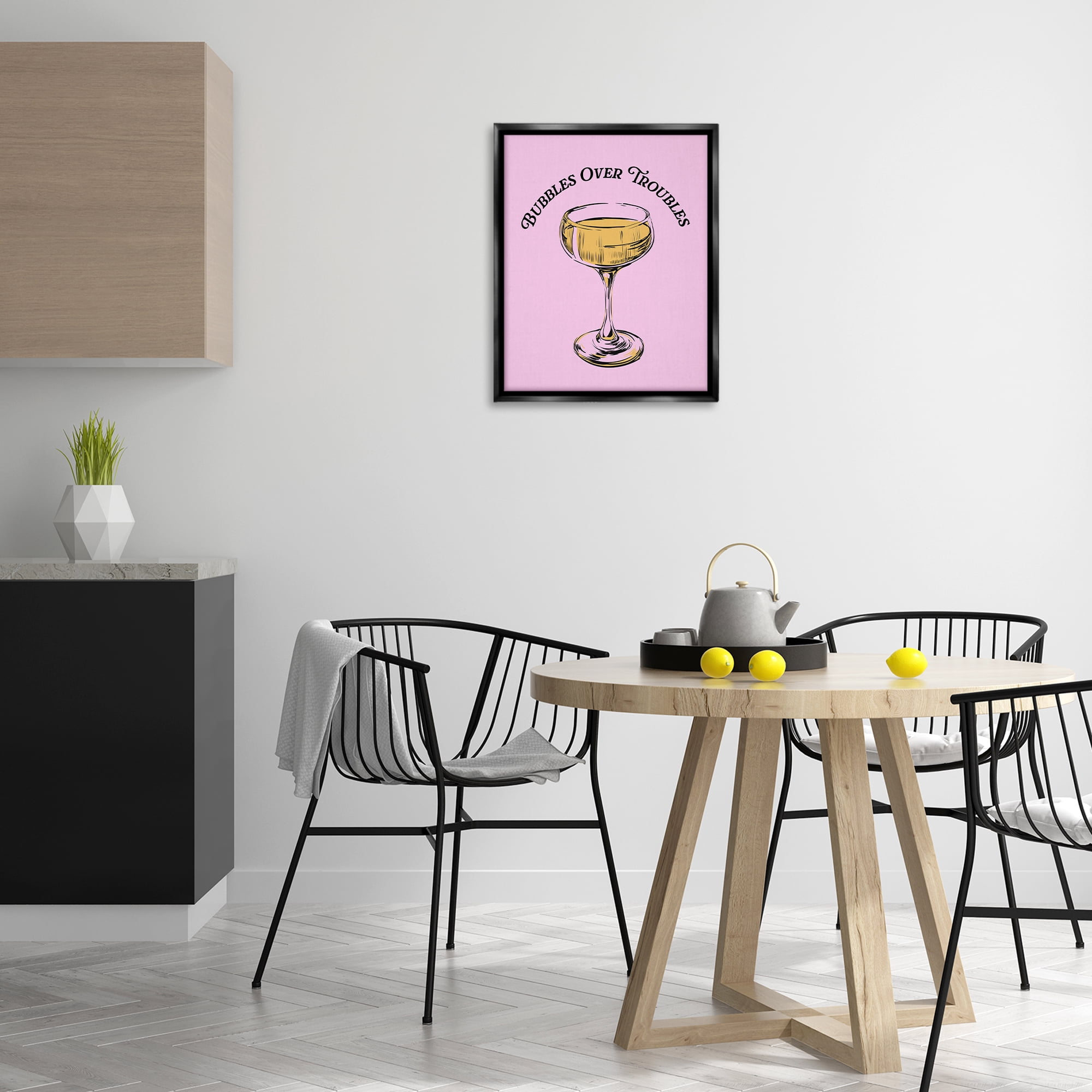 Stupell Industries Bubbles Over Troubles Food & Beverage Painting Black Floater Framed Canvas Art Print Wall Art, 17 x 21
