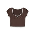thumbnail image 2 of Biezeib Women's Lace Trim Cropped Tops Short Sleeve Sweetheart Neck Mini Bow Front Sweet Slim T-Shirt, 2 of 6