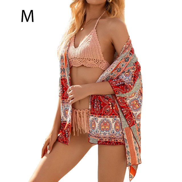 Qarigey - Cárdigan tipo kimono para mujer - Kimonos casuales de gasa Tops Boho Blusa suelta Frente abierto Swinsuit Beach Cover Ups Prendas para la parte del cuerpo Rojo M