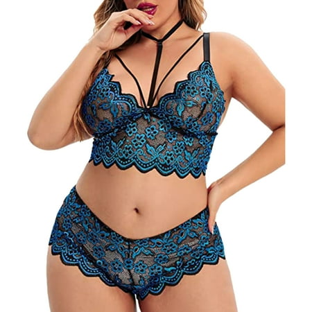 

Underwear for Women Set Bra And Panty Plus Size Lingerie V Neck High Waist Floral Lace Criss Cross Bra And Panty 2 Piece Set No Underwire Cotton Blue