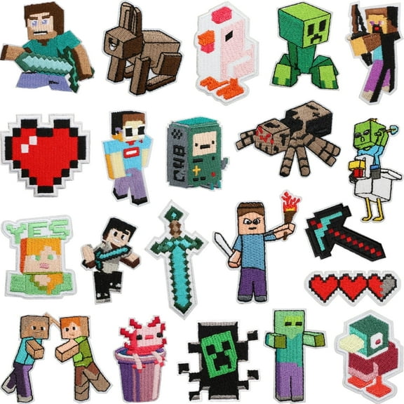 21pcs Minecraft Patch: Game Character Iron-On Applique for Clothes, Bags - Virtual Embroidery