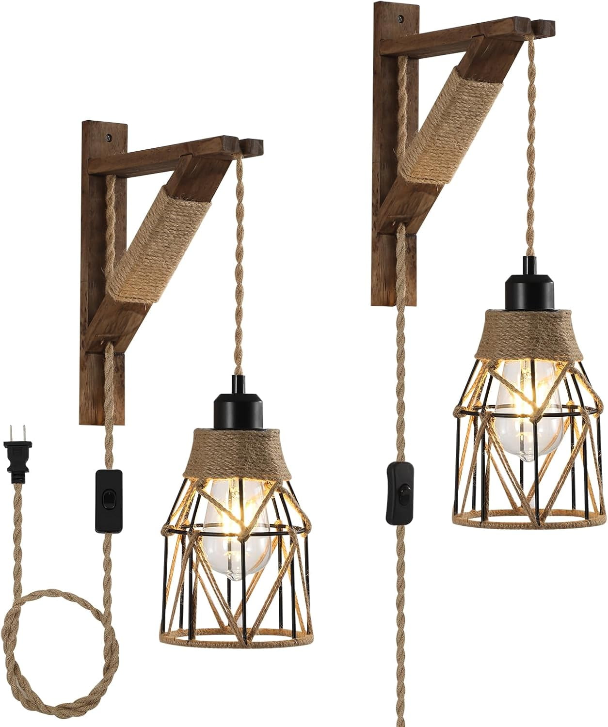 2-Pack  Plug-in Wall Sconces - Farmhouse Metal Cage Lights with Distressed Wood Brackets