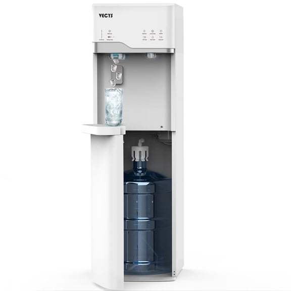 VECYS Bottom Loading Ice Maker Self-Clean Hot Cold Water Dispenser for 5 Gallon Bottle, 22LBS Daily Ice Making, Child Safety Lock, White