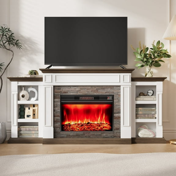 80" Fireplace Mantel with 30" Electric Fireplace and Bookshelves, Wooden Storage Freestanding Heater with Remote Control,White & Brown