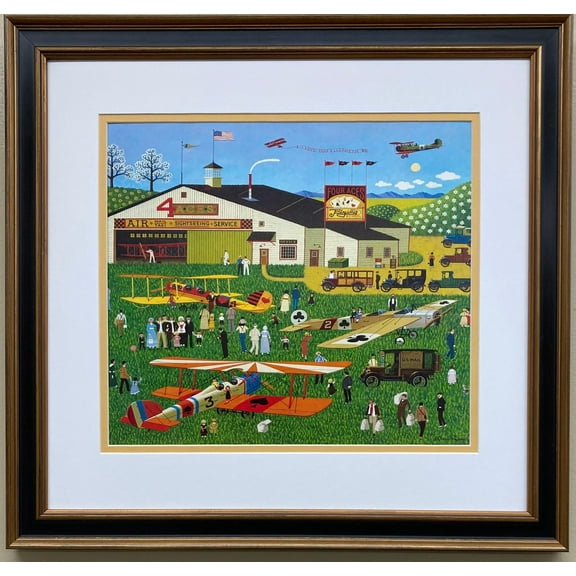 Charles Wysocki "Four Aces Flying School" New FRAMED Art Americana Planes Rural Generic