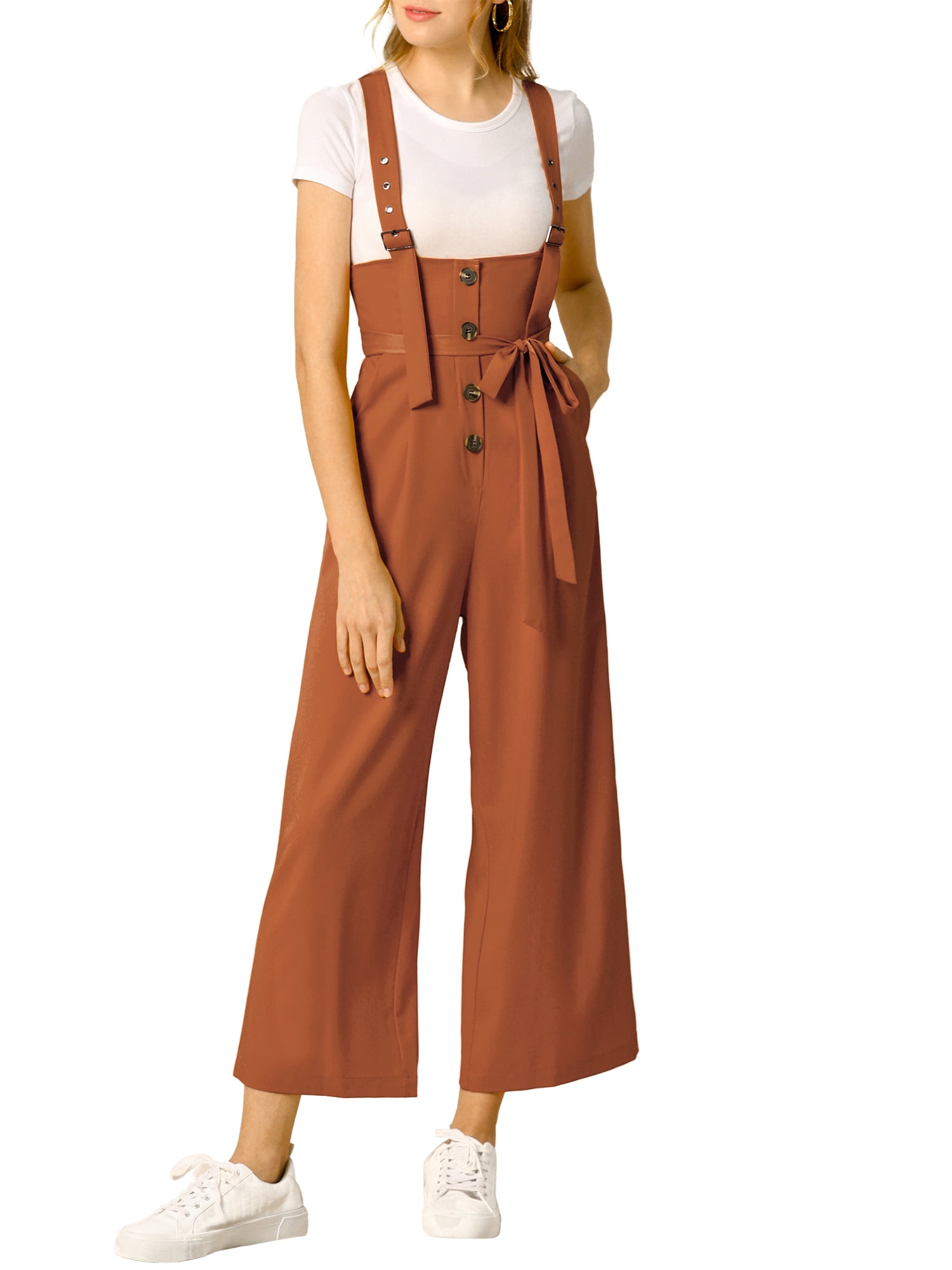 DARING DIVA Women's Button Front High Waist Belted Overall Jumpsuit L Brown