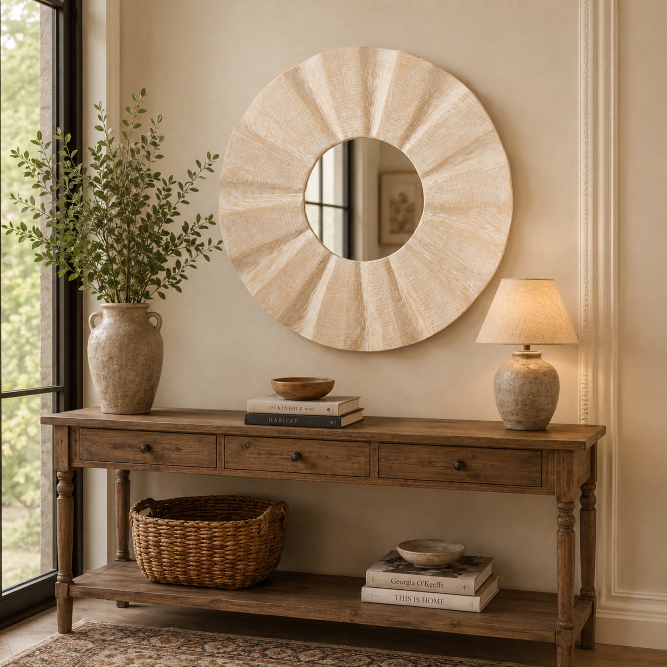DecMode 35" x 35" Cream Handmade Large Abstract Wall Mirror with Carved Abstract Patterns