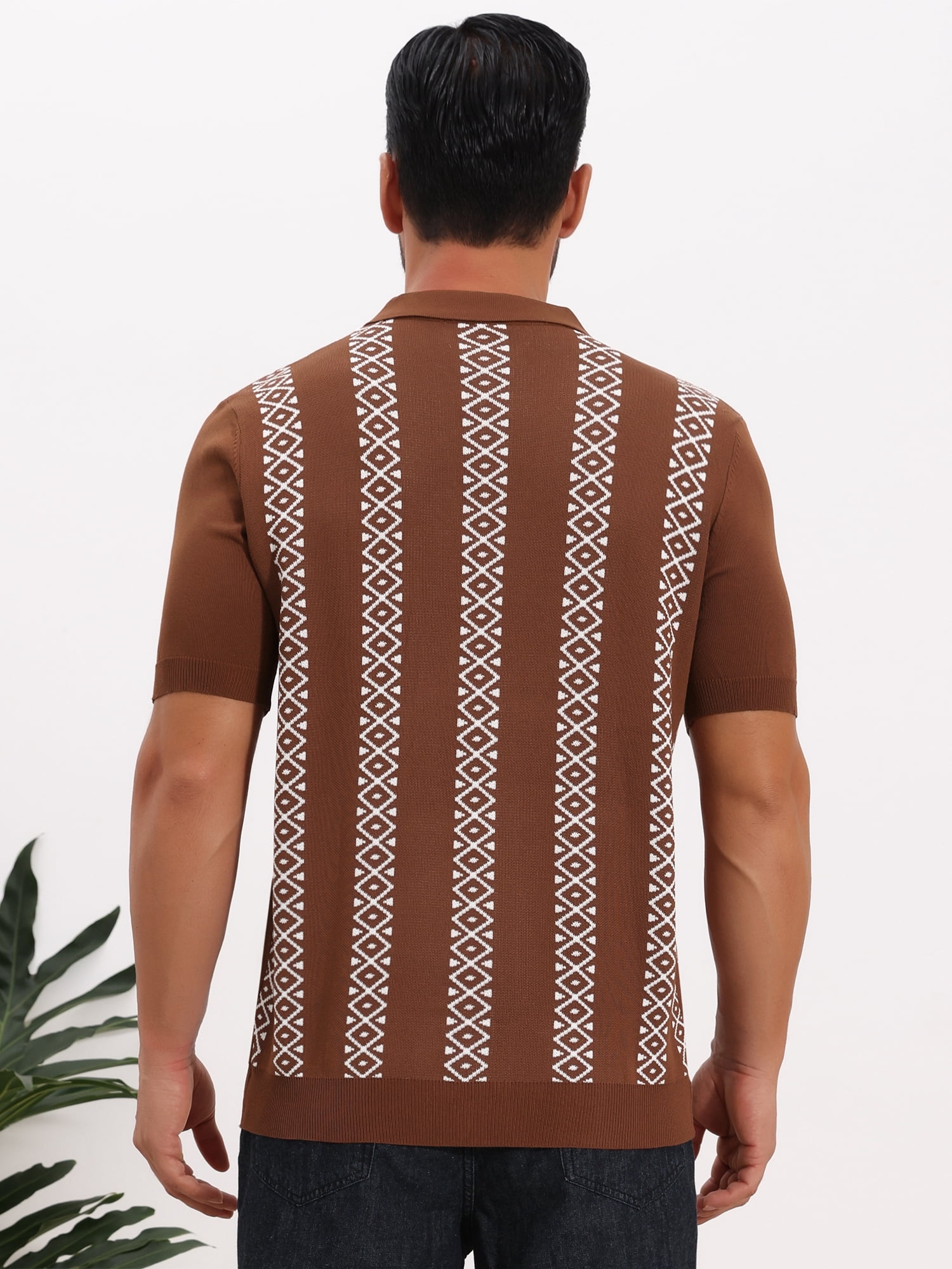 DARING DIVA Men's Jacquard Short Sleeve Button Down Knitted Golf Polo Shirts 2XL Brown