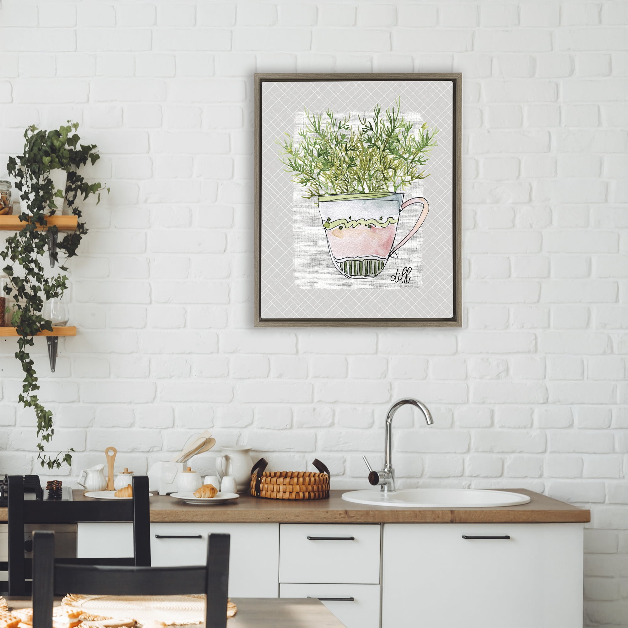 Stupell Industries Dill Herb Mug Brown Framed Floater Canvas Wall Art, design by Livi Finn